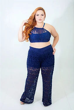 Calça Pantalona em Renda Azul Plus Size