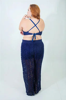 Calça Pantalona em Renda Azul Plus Size