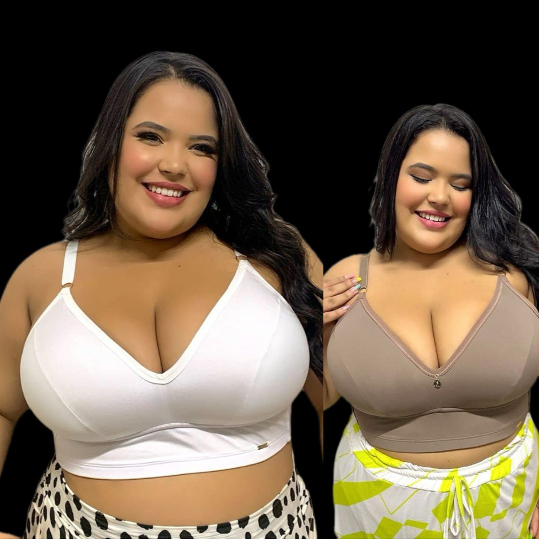 Casadinha 02 Tops Luna / Cor Castanho e Branco Kit 2 Sutiã Top Luna Plus Size, POR R$ 199,90