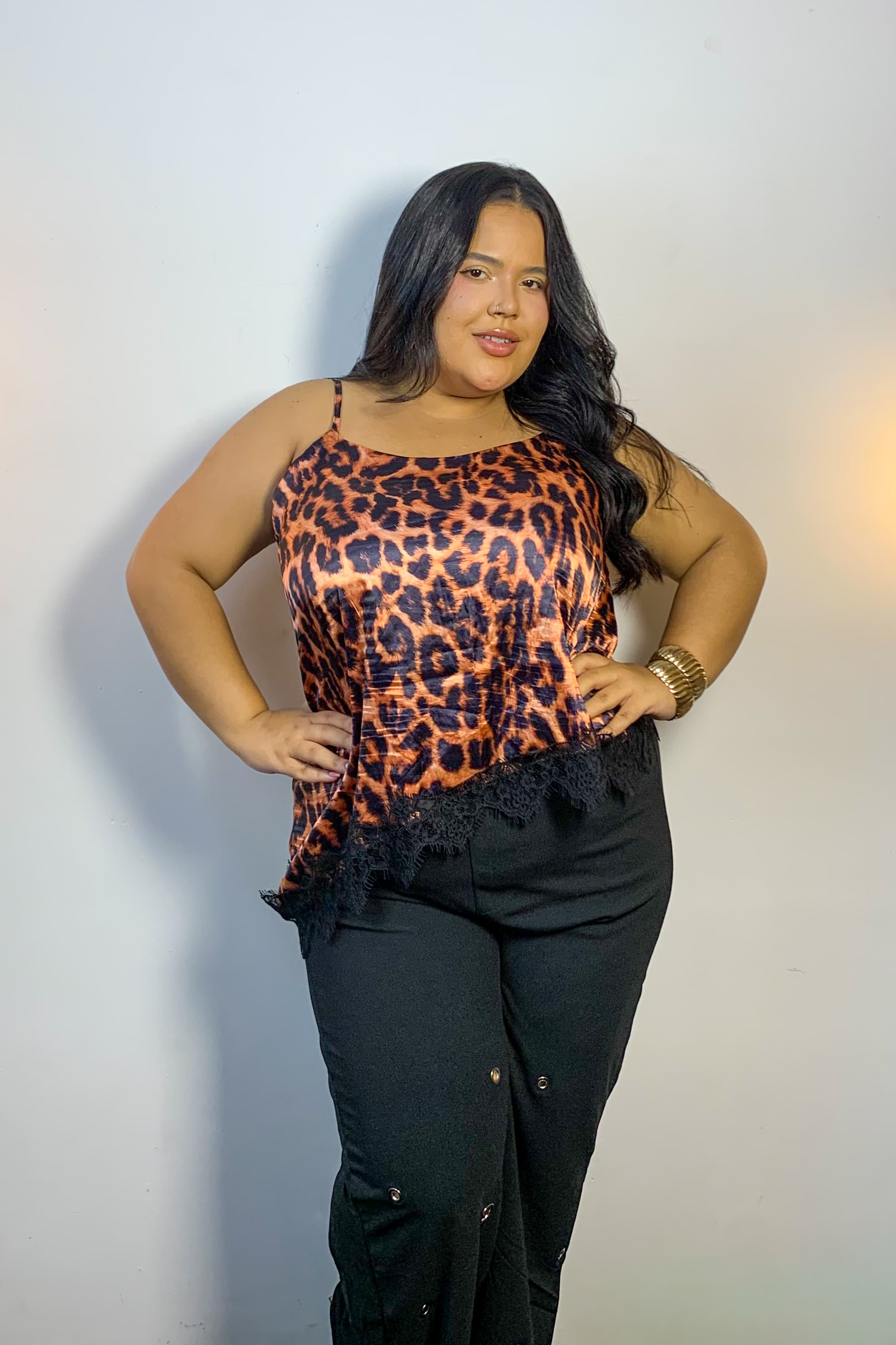 Blusa de Alça em Cetim Animal Print Plus Size