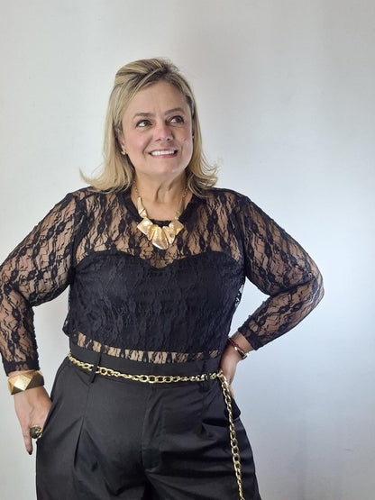 Body Renda manga longa plus size