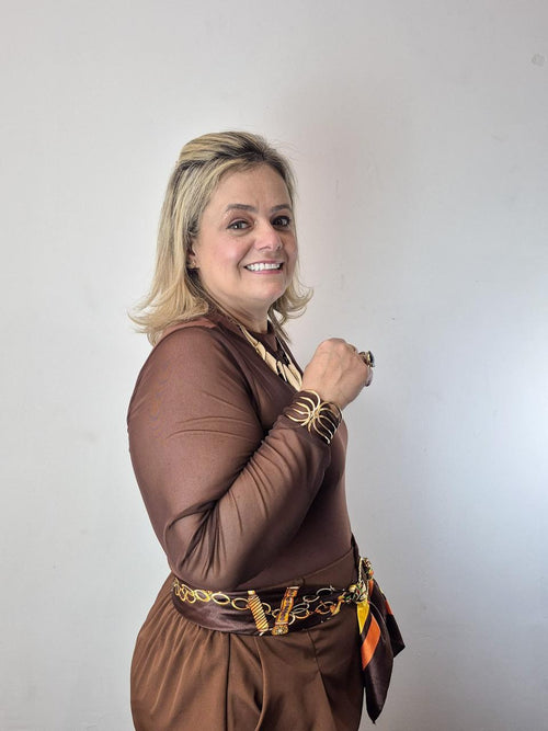 Body malha e tule manga longa plus Size