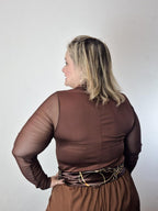 Body malha e tule manga longa plus Size