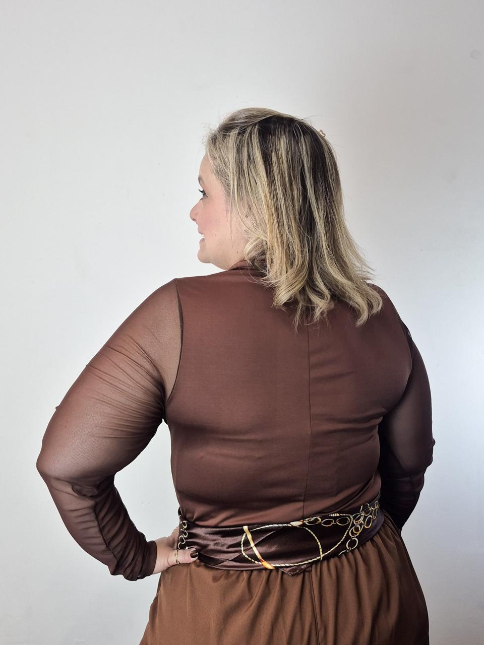 Body malha e tule manga longa plus Size