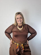 Body malha e tule manga longa plus Size